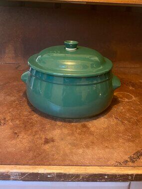 1990s Emile Henry Forest Green Round Ceramic Casserole Dutch Oven Vintage